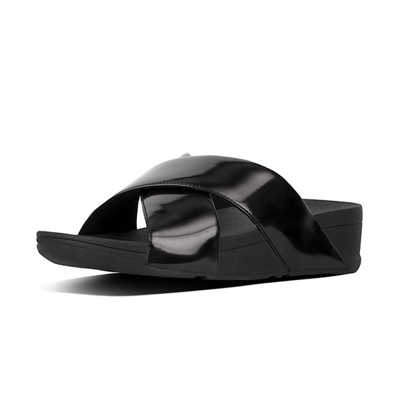 Fitflop Shoes - FitFlop Swoop Black Leather Platform Slide Comfort Sandals